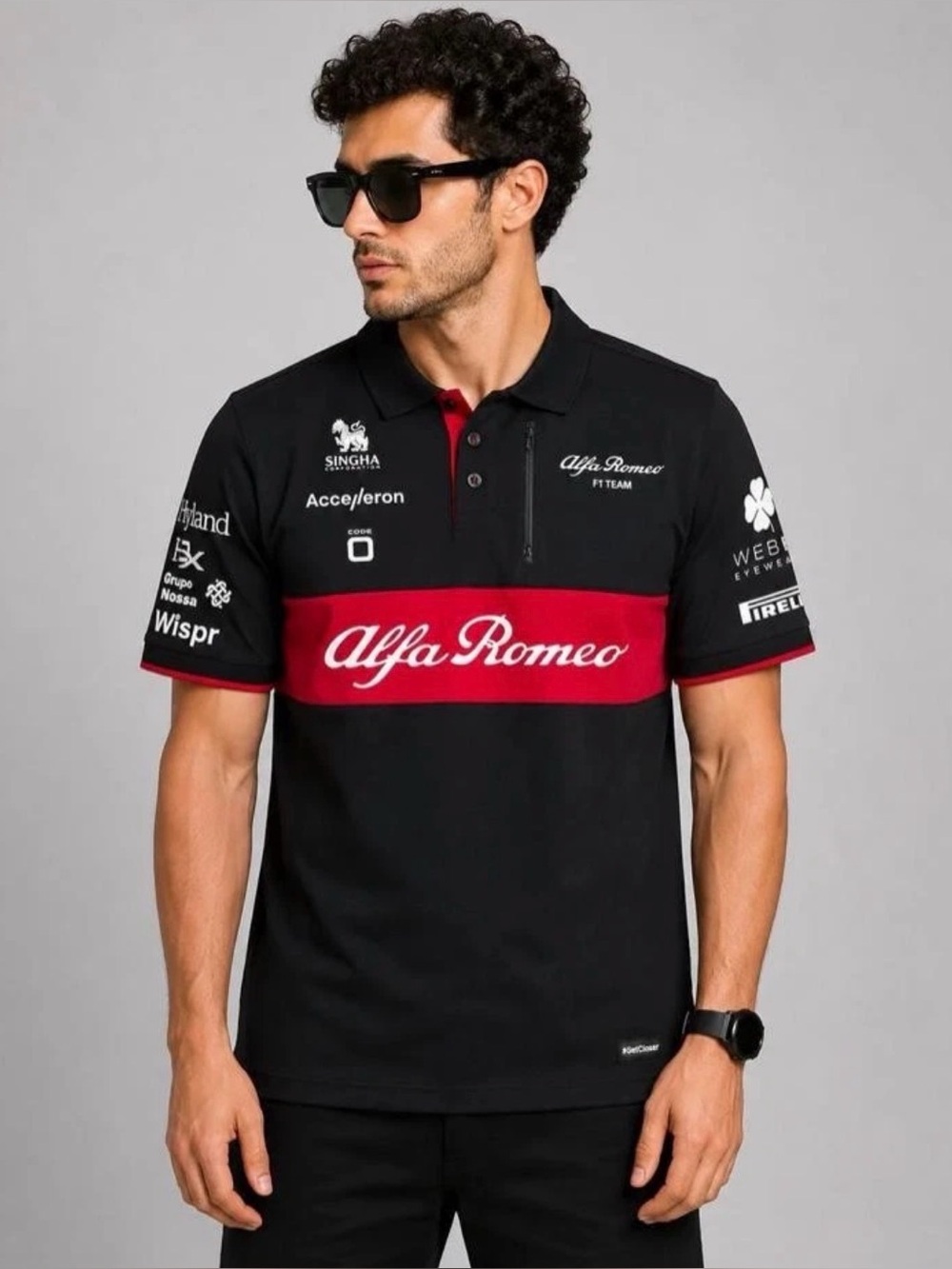 Alfa Romeo Official Race Team Mens Polo Shirt Formula 1 Sauber Black Red Medium